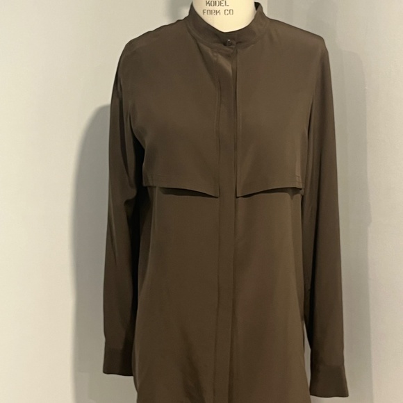 VINCE 100% Silk Tunic Top Women's SMALL Olive Green/Brown L/S Slipover $165 - Picture 2 of 7